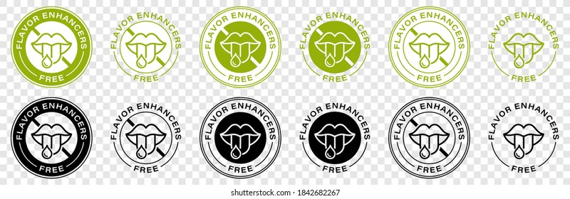 Label or stamp on food packaging. Labeling - Flavored. Information sticker. No flavors. No added flavor enchancers. Does not contain flavor enhancers. Vector illustration.