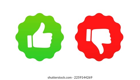 Label, stamp, Thumbs up and thumbs up flat icon. I like it and I don't like it. Do's and Don'ts. Good and bad choice labels. Vote web buttons with with man hand. Vector illustration