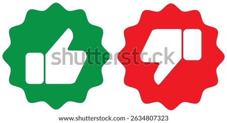 Label, stamp, Thumbs up and thumbs up flat icon. I like it and I don't like it. Do's and Don'ts. Good and bad choice labels. Like dislike icon set. Thumb up down vector icon. Achievement badge icon.