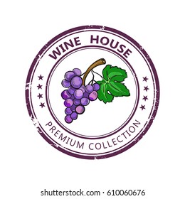 Label stamp with wine collection and colored grape isolated on white background