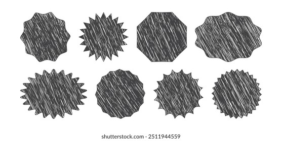 Label star crayon hand drawn, sticker starburst shape, sale price tag, paint sun line design, circle and oval ink badge, black round discount icon scribble isolated on background. Vector illustration
