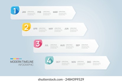 Plantilla de flecha infográfica de línea de tiempo de etiqueta step. Calendario moderno de diagramas de línea de tiempo y temas de 4 trimestres, infografías de Vectores.