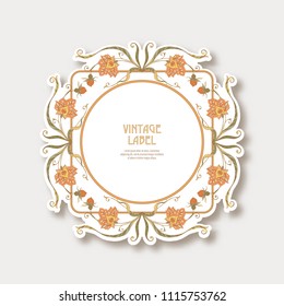 Label, sticker in art nouveau style Isolated on white background.. Label for products or cosmetics. Vintage, old, retro style. Stock vector illustration.