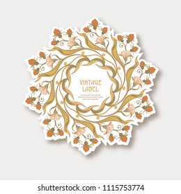 Label, sticker in art nouveau style Isolated on white background.. Label for products or cosmetics. Vintage, old, retro style. Stock vector illustration.