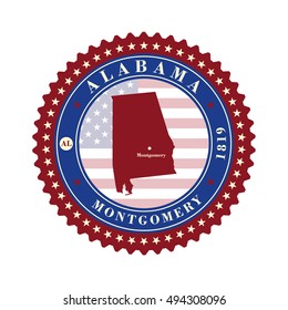 Label sticker cards of State Alabama USA. Stylized badge with the name of the State, year of creation, the contour maps and the names abbreviations.