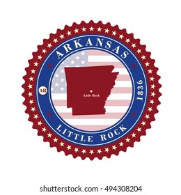 Label sticker cards of State Arkansas USA. Stylized badge with the name of the State, year of creation, the contour maps and the names abbreviations