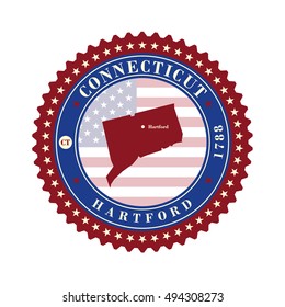 Label  sticker cards of State Connecticut  USA. Stylized badge with the name of the State, year of creation, the contour maps and the names abbreviations.