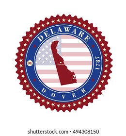 Label  sticker cards of State Delaware  USA. Stylized badge with the name of the State, year of creation, the contour maps and the names abbreviations.