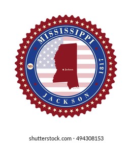 Label sticker cards of State Mississippi USA. Stylized badge with the name of the State, year of creation, the contour maps and the names abbreviations.