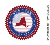 Label  sticker cards of State New York  USA. Stylized badge with the name of the State, year of creation, the contour maps and the names abbreviations.