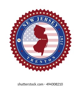 Label  sticker cards of State New Jersey  USA. Stylized badge with the name of the State, year of creation, the contour maps and the names abbreviations.