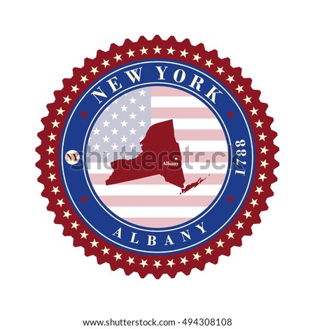 Label  sticker cards of State New York  USA. Stylized badge with the name of the State, year of creation, the contour maps and the names abbreviations.