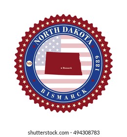 Label sticker cards of State North Dakota USA. Stylized badge with the name of the State, year of creation, the contour maps and the names abbreviations.