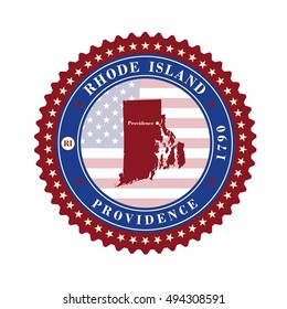 Label  sticker cards of State Rhode Island  USA. Stylized badge with the name of the State, year of creation, the contour maps and the names abbreviations.