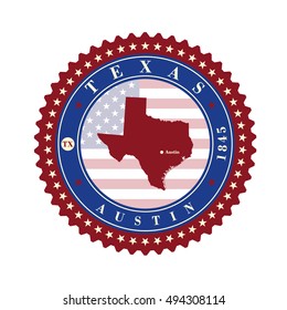 Label sticker cards of State Texas USA. Stylized badge with the name of the State, year of creation, the contour maps and the names abbreviations.