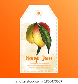 Label or sticker design with mango illustration. Homemade mango jam. Can be used for natural or organic fruit products and health care goods.