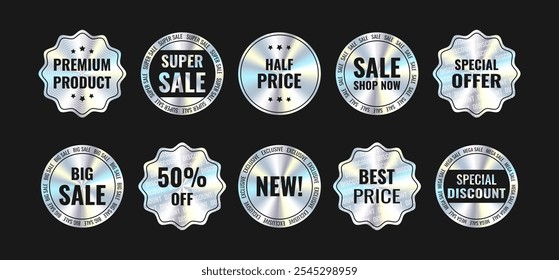 Label and sticker with holographic effect and watermark: Big Sale, Special offer, discount, Best price, New, Premium product, 50%, Half Price. Hologram gradient of various geometric shapes.