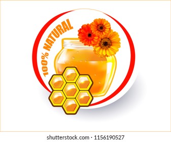 Label, sticker, logo, leaflet for selling honey, bee products.Нoney in a transparent glass Jar.Daisy.