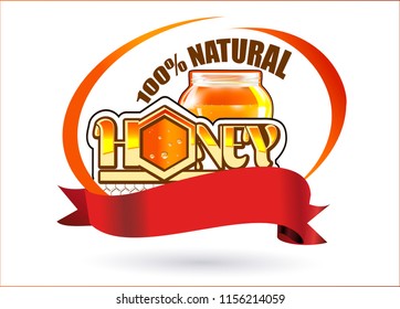 Label, sticker, logo, leaflet for selling honey, bee products.Нoney in a transparent glass Jar.