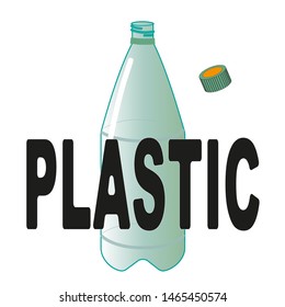 Label, Sticker, on trash cans to collect plastic. Nature conservation, separate garbage collection. Recycling. A series of vector illustrations. Plastic packaging, the word Plastic.