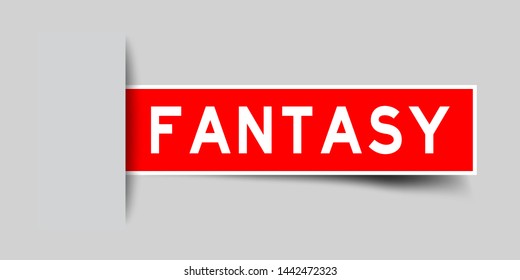 Label sticker red color in word fantasy that inserted in gray background