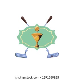 label with sticks of golf and trophy