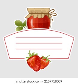 Label for strawberry jam with jar, fresh berries and place for text, vector illustration