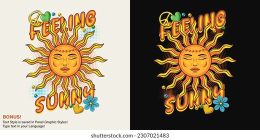 Label with sun with face, beads, heart, chamomile, text, editable font effect. Concept of harmony and balance. For clothing, apparel, T-shirts, surface decoration. Groovy, hippie style