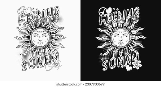 Label with sun with face, beads, heart, chamomile, text. Concept of harmony and balance. Mythological faitytale solar sign. For clothing, apparel, T-shirts, surface decoration. Groovy, hippie style