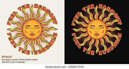 Label with sun with face, closed eyes, editable text effect. Mythological faitytale symbol. Solar sign. Groovy, hippie style. For clothing, apparel, T-shirts, surface decoration. Retro style