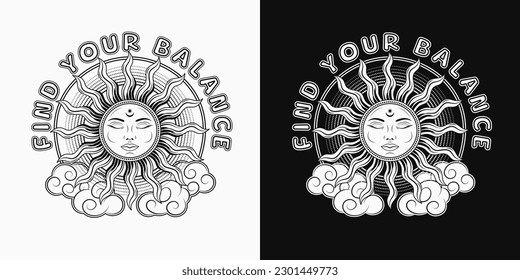 Label with sun with face, clouds, rainbow, text. Concept of harmony, balance extended mind. Mythological faitytale solar sign. For clothing, apparel, T-shirts, surface decoration. Groovy, hippie style