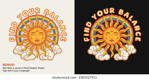 Label with sun with face, clouds, rainbow, text. Concept of harmony, balance extended mind. Mythological faitytale solar sign. For clothing, apparel, T-shirts, surface decoration. Groovy, hippie style