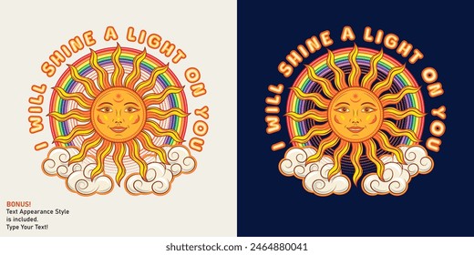 Etiqueta con sol con cara sonriente, nubes, arco iris, texto. Concepto de armonía, equilibrio. Para ropa, ropa, camisetas, diseño de niños. Genial, hippie, estilo boho. Se incluye el estilo de texto y gráfico editable.