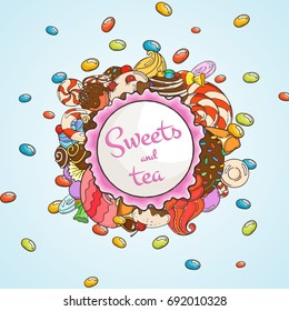 Label sweet shop. Swirl candy, chocolate, lollipop, caramel, cream. Vector illustration.