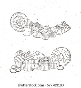 Label sweet shop. Swirl candy, chocolate, lollipop, caramel, cream. Vector illustration.