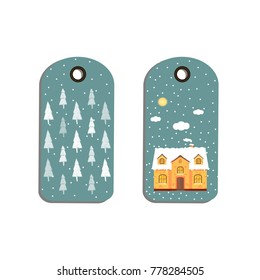 Label, tag, badge with Christmas background, winter house, white snowflakes. New year holiday illustration with cozy home, cottage,  , space for text. Template for decoration, greeting cards