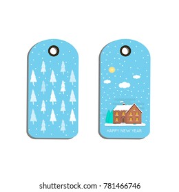 Label, tag, badge with Christmas background, winter house, white snowflakes. New year holiday illustration with cozy home, cottage,  landscape with tree. Template for decoration, greeting cards