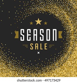 Label or Tag Design on Gold Background Vector Vintage. Sale banner, Discount flyer, Shopping poster. Glitter Sparkles Bright Confetti.