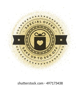 Label or Tag Design on Gold Background Vector Vintage. Sale banner, Discount flyer, Shopping poster. Glitter Sparkles Bright Confetti.