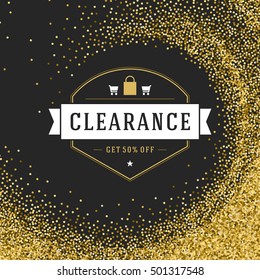 Label or Tag Design on Gold Background Vector Vintage. Sale banner, Discount flyer, Shopping poster. Glitter Sparkles Bright Confetti.