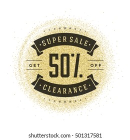 Label or Tag Design on Gold Background Vector Vintage. Sale banner, Discount flyer, Shopping poster. Glitter Sparkles Bright Confetti.