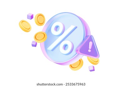 Etiqueta com um símbolo holográfico de porcentagem 3D com moedas de ouro e um sinal de cuidado. Adequado para promoções, descontos, cash back e bônus.