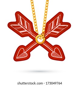 Label tag hanging on golden chain. Red design element isolated on white. Vector illustration