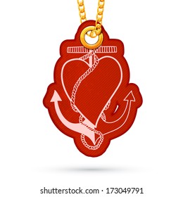 Label tag hanging on golden chain. Red design element isolated on white. Vector illustration