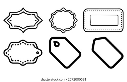 Label and tag outline icon set, A collection of label and tag outline icons in various shapes, ideal for crafting, packaging, pricing, and decorative design projects. 