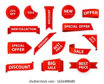 Label tags. Realistic price ribbon tag, red market flags, retail and marketing best offer labels and stickers. Shopping sales sticker template vector illustration set. Corner sale new product elements