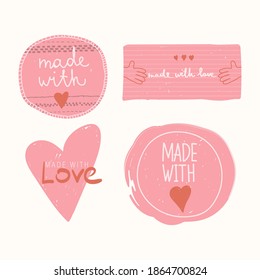 label tags set with, made with love lettering. Calligraphy handwritten text for artisans. Vector hand drawing flat stickers. For your cartoon style design.