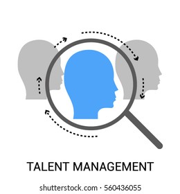 Label of Talent Management, Search for Employees or Headhunting. Profile of man and a magnifying glass. Flat style. Pictograph for your design needs. Vector contour silhouette on white background.