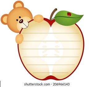 Label with Teddy Bear Eating Apple  