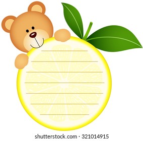 Label with teddy bear eating lemon